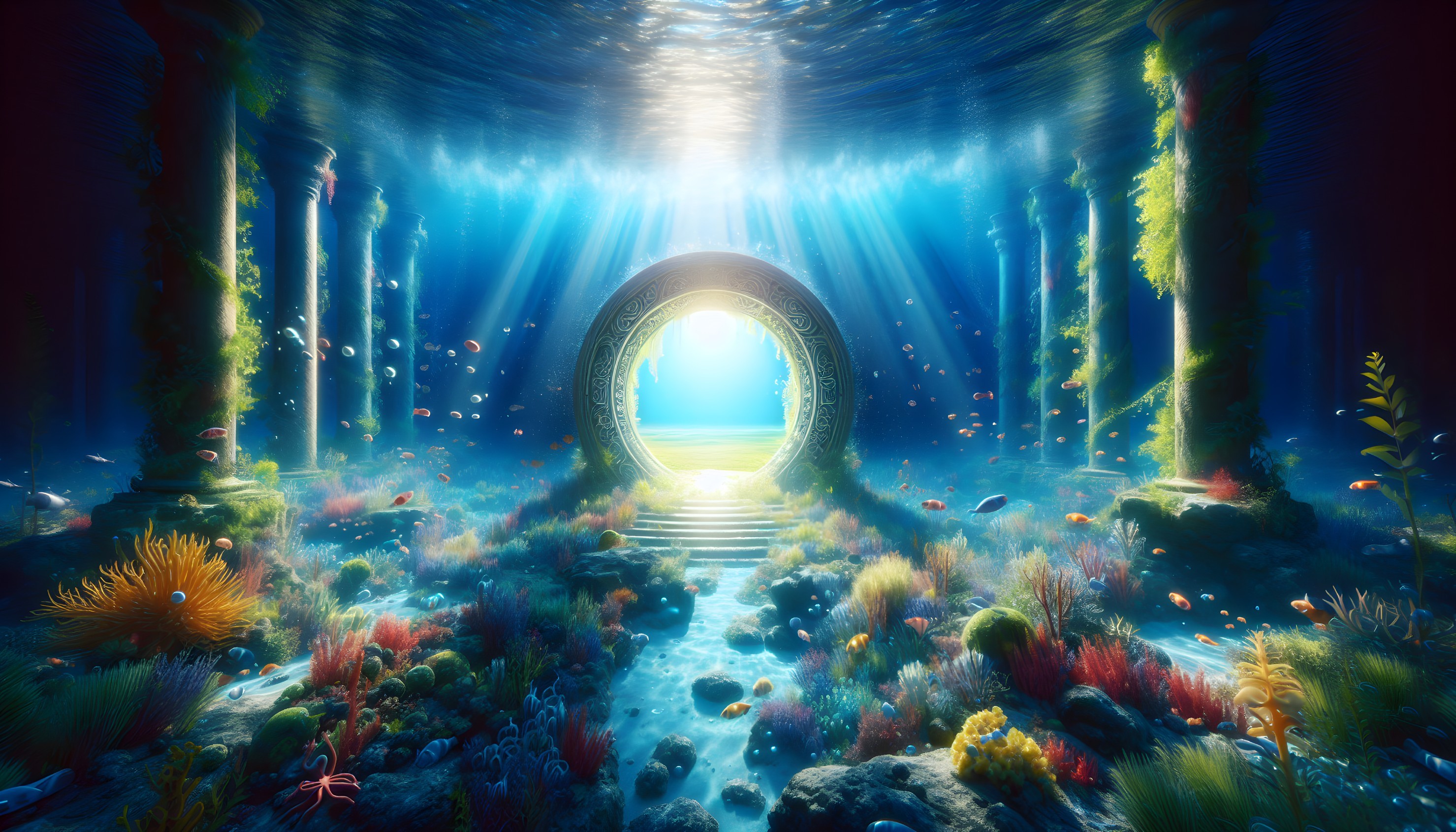 Underwater Scene with Illuminated Portal and Coral Reefs