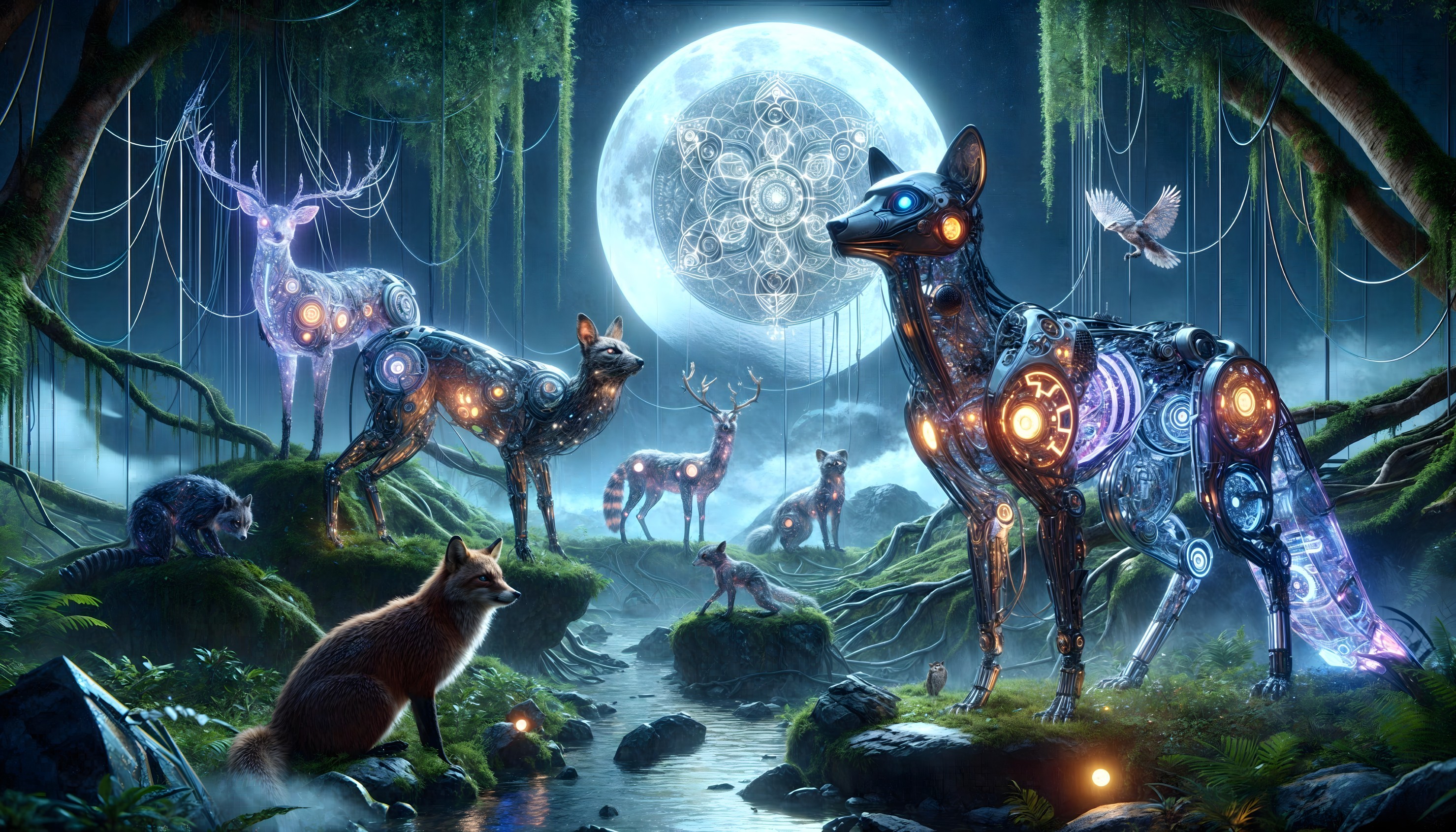 Robotic Animals in a Mystical Moonlit Forest Scene