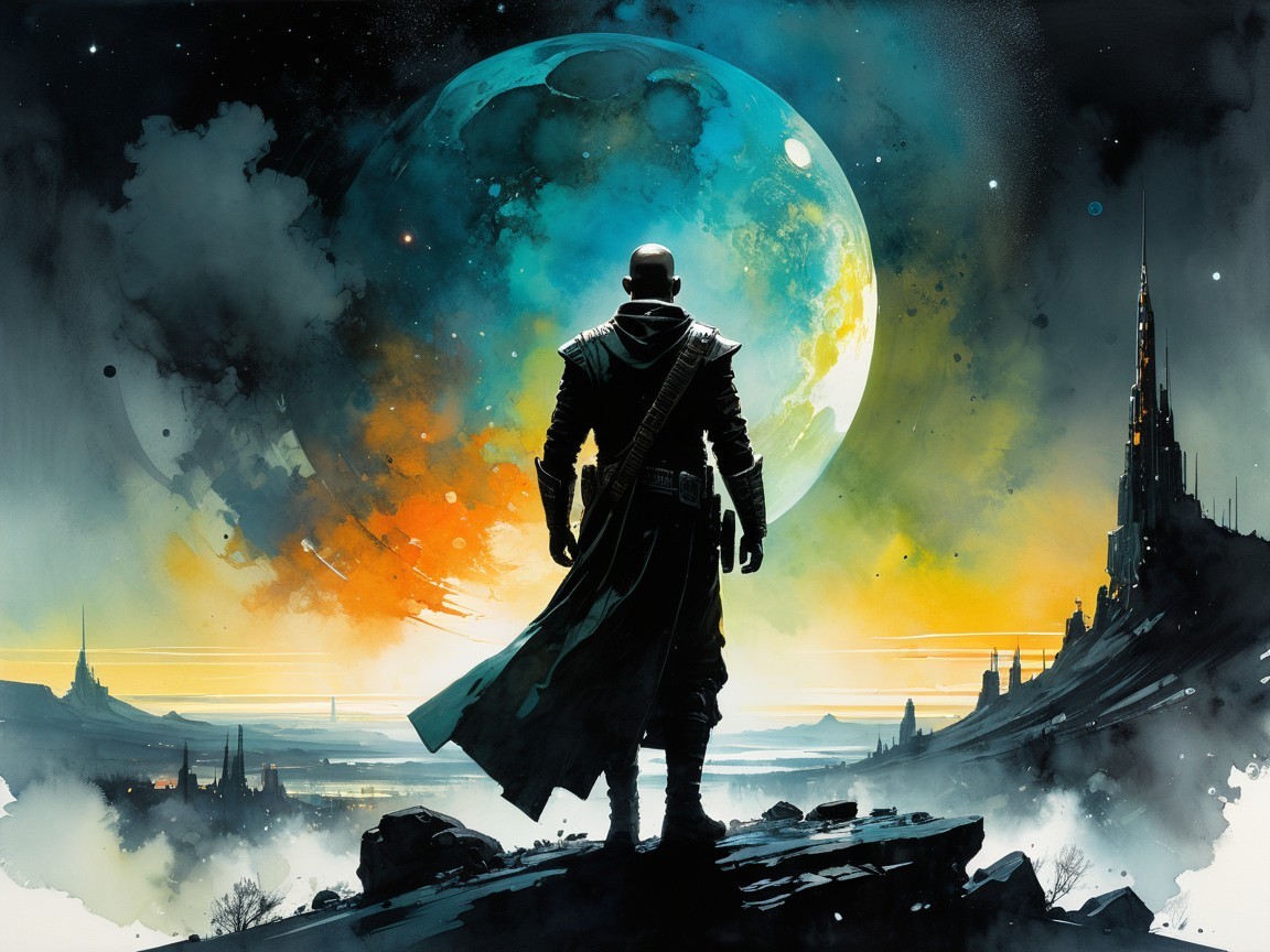 Lone Figure on Rocky Outcrop Under Cosmic Moonlight