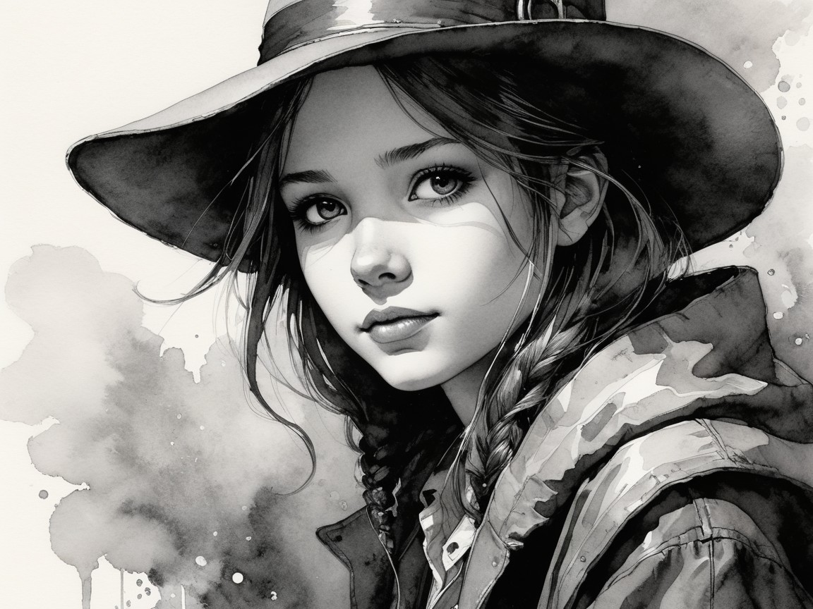 Black and white illustration of a girl in a hat and jacket