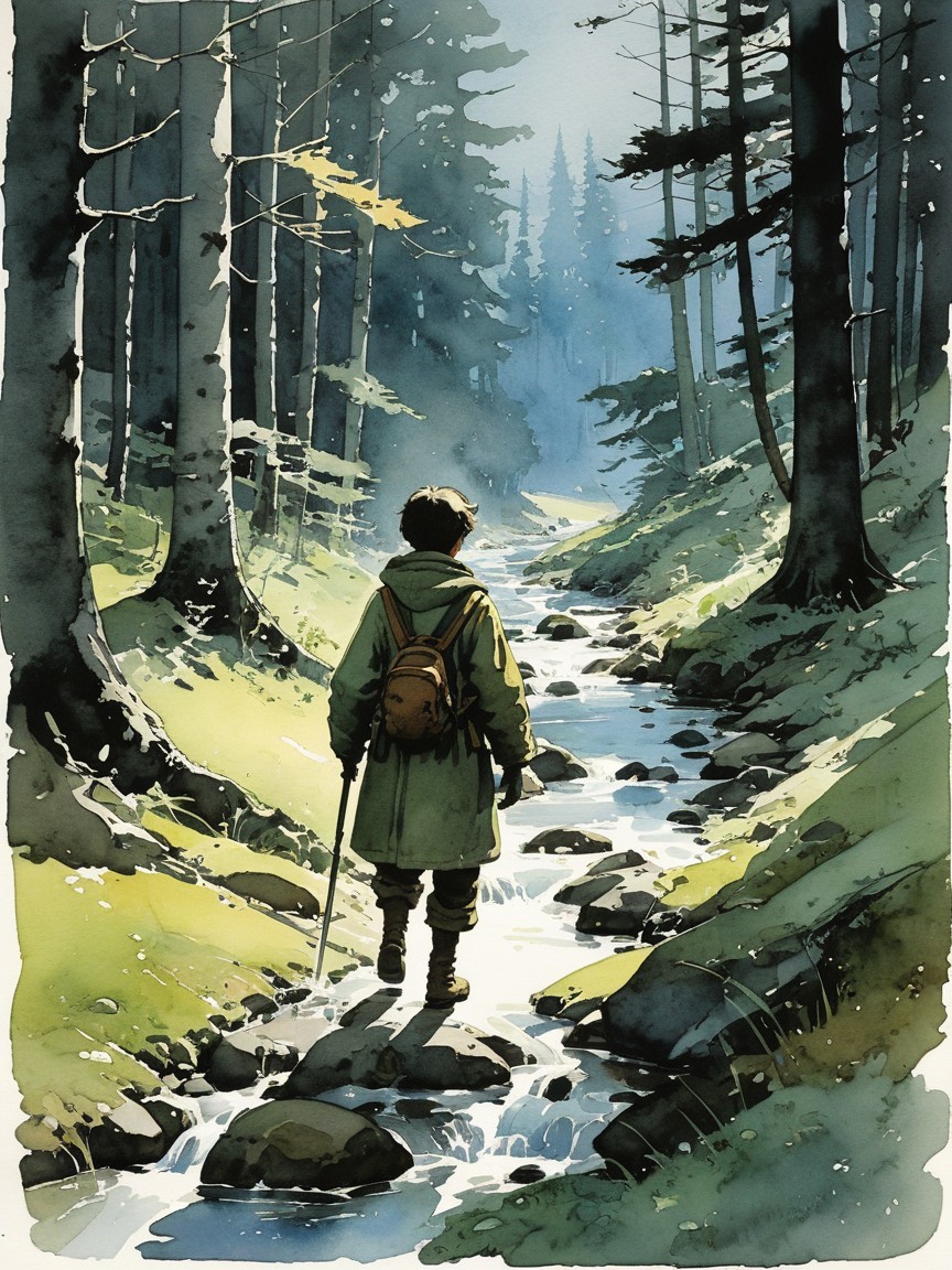 Solitary Figure by Serene Stream in Lush Forest