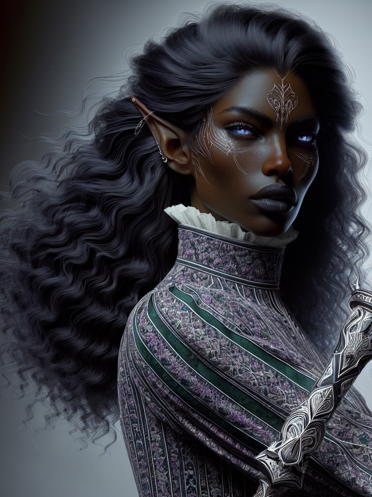 Elven warrior with sword in dark ethereal setting