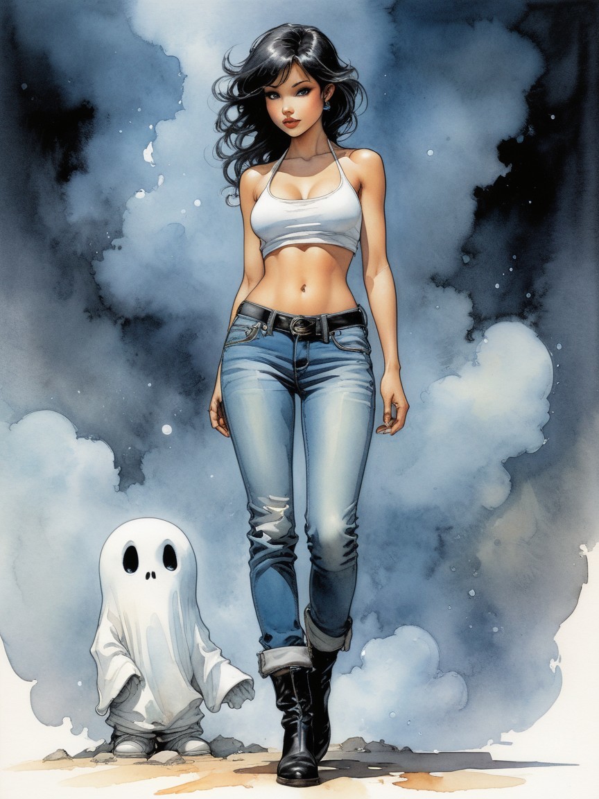 Stylish Woman and Playful Ghost in Casual Setting