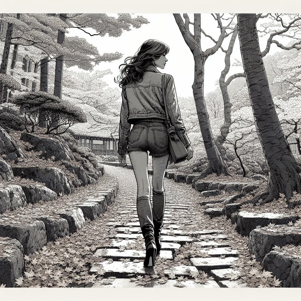 Woman in denim jacket on serene tree-lined pathway