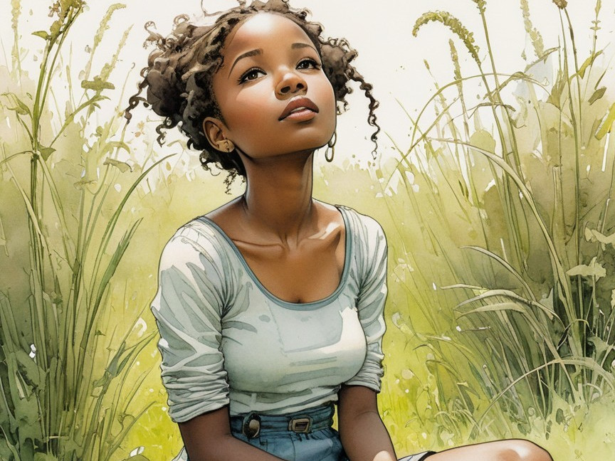 Young girl in sunlit field with tall grass