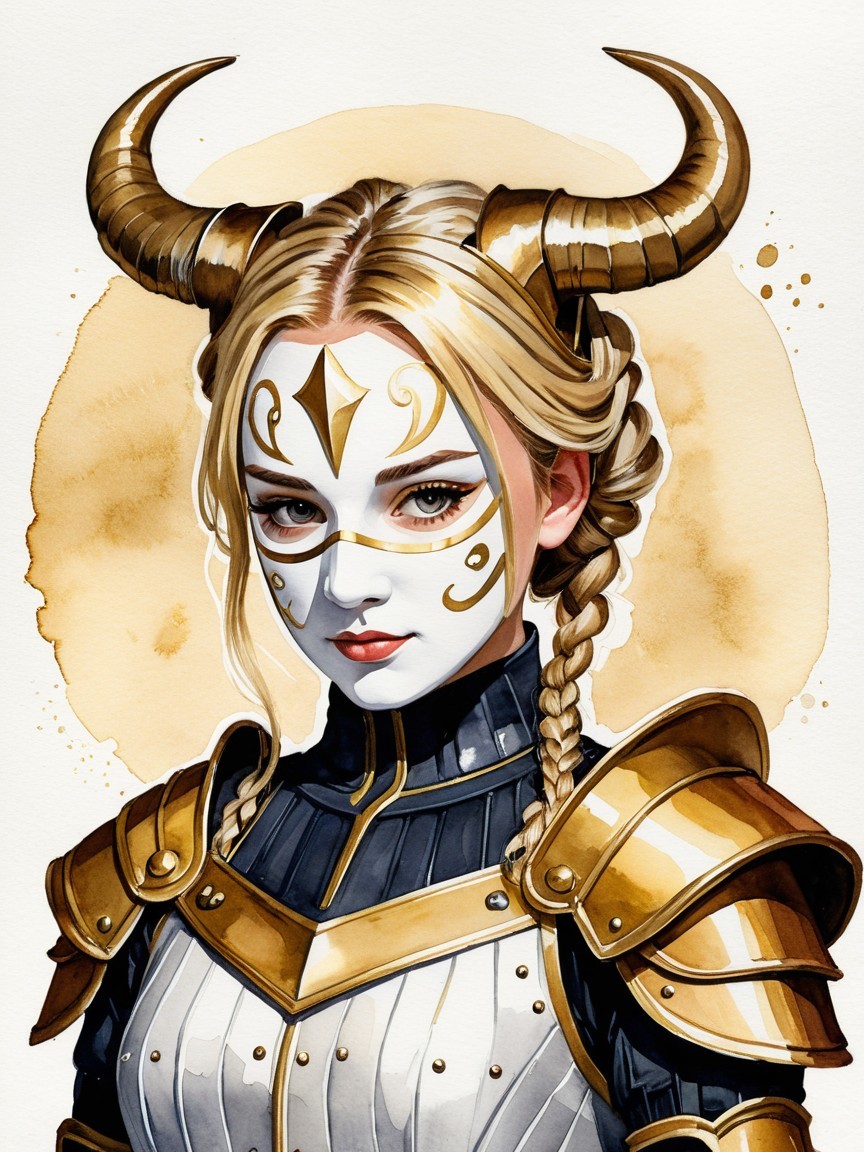 Female warrior in ornate golden armor with horns