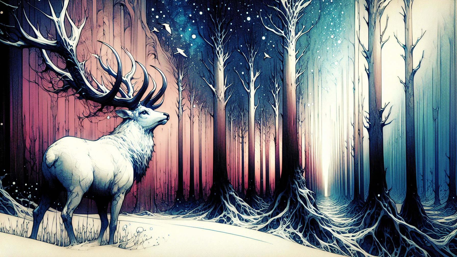 Drawing of a White Deer in a Snowy Forest Scene