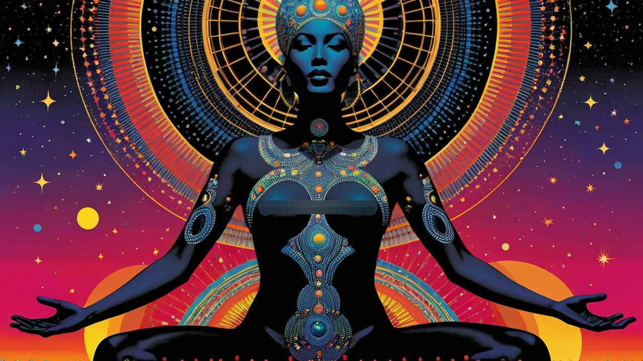 Meditative Woman in Cosmic Abstract Art Scene