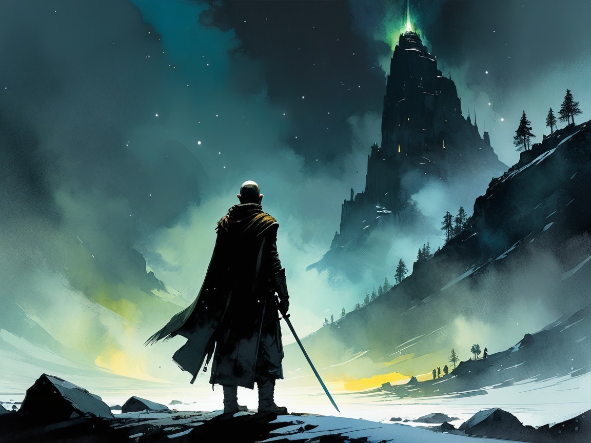 Silhouetted Figure Before Mystical Castle in Mist