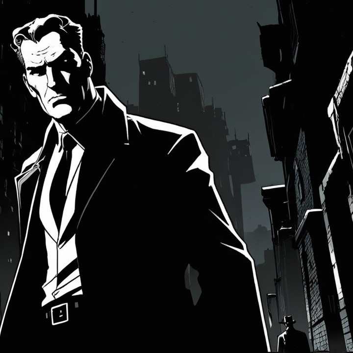 Monochromatic Illustration of a Brooding Figure in Noir