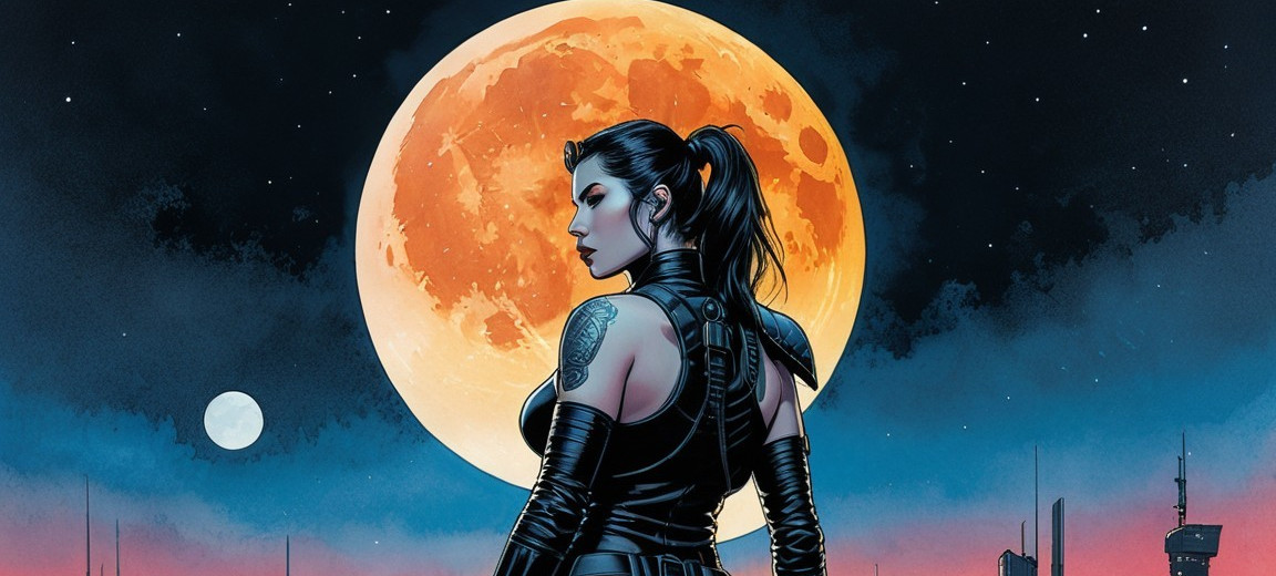 Fierce Female Character Silhouetted Against Full Moon