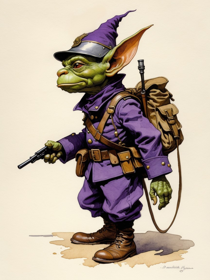 Whimsical Goblin in Purple Military Uniform and Gear