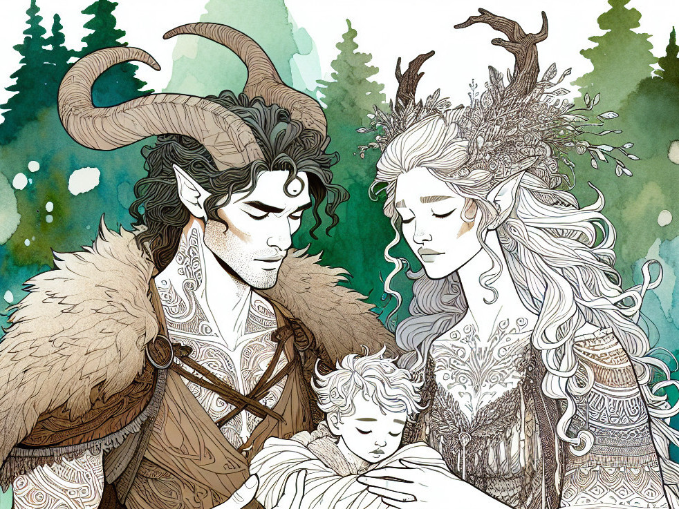 Couple with Child in Mystical Forest Setting