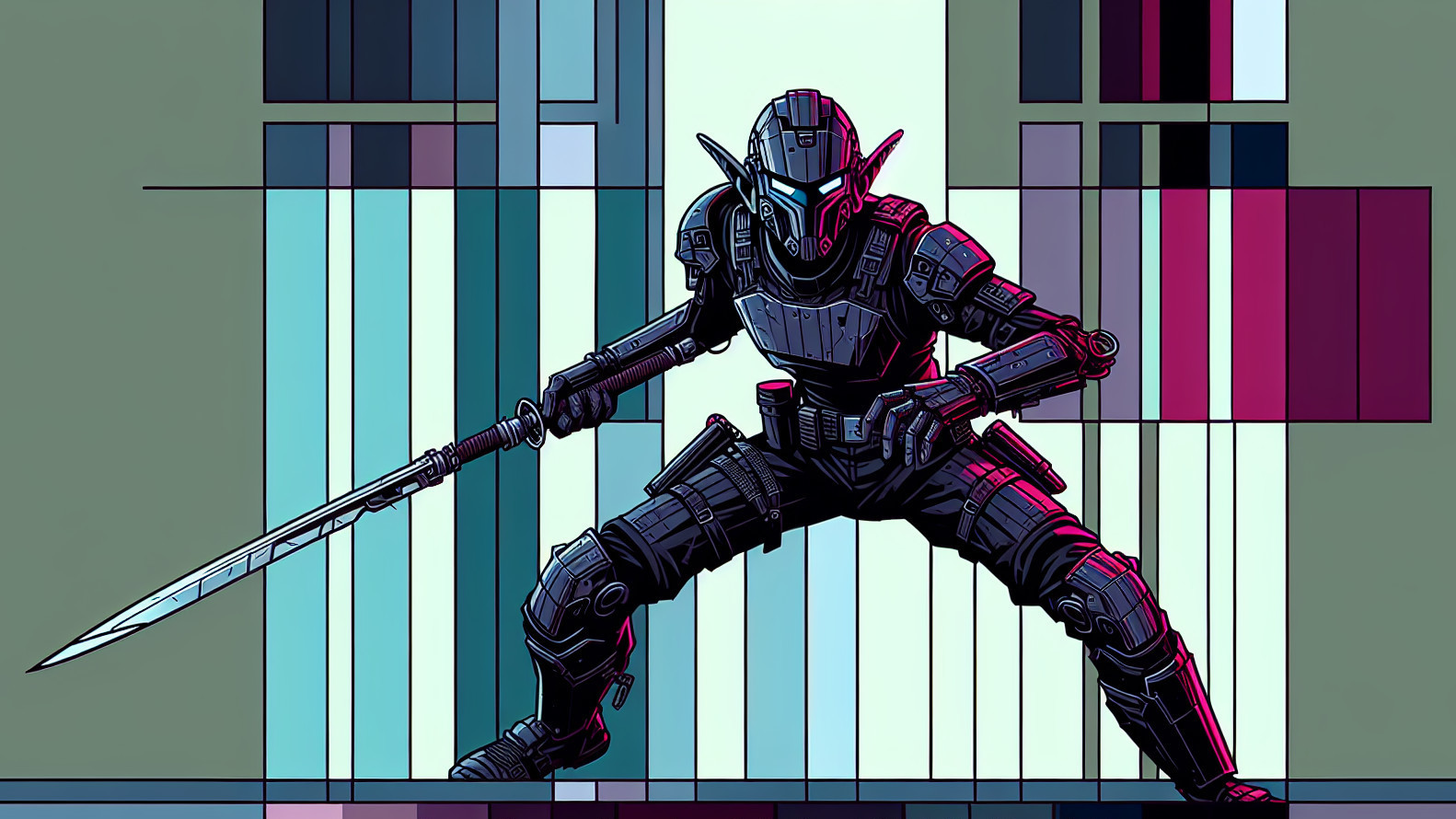 Futuristic warrior with spear in dynamic pose and armor