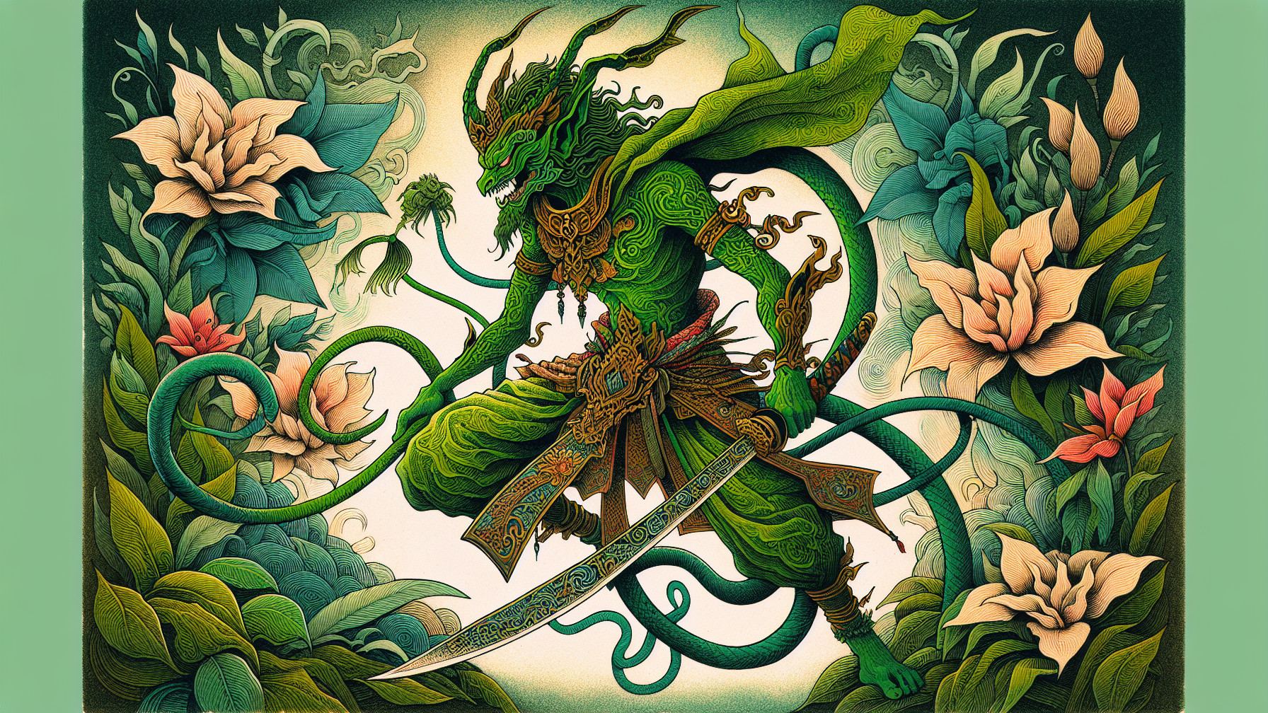 Stylized Illustration of a Green Reptilian Guardian