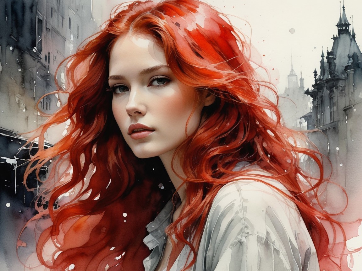 Portrait of a Young Woman with Red Wavy Hair