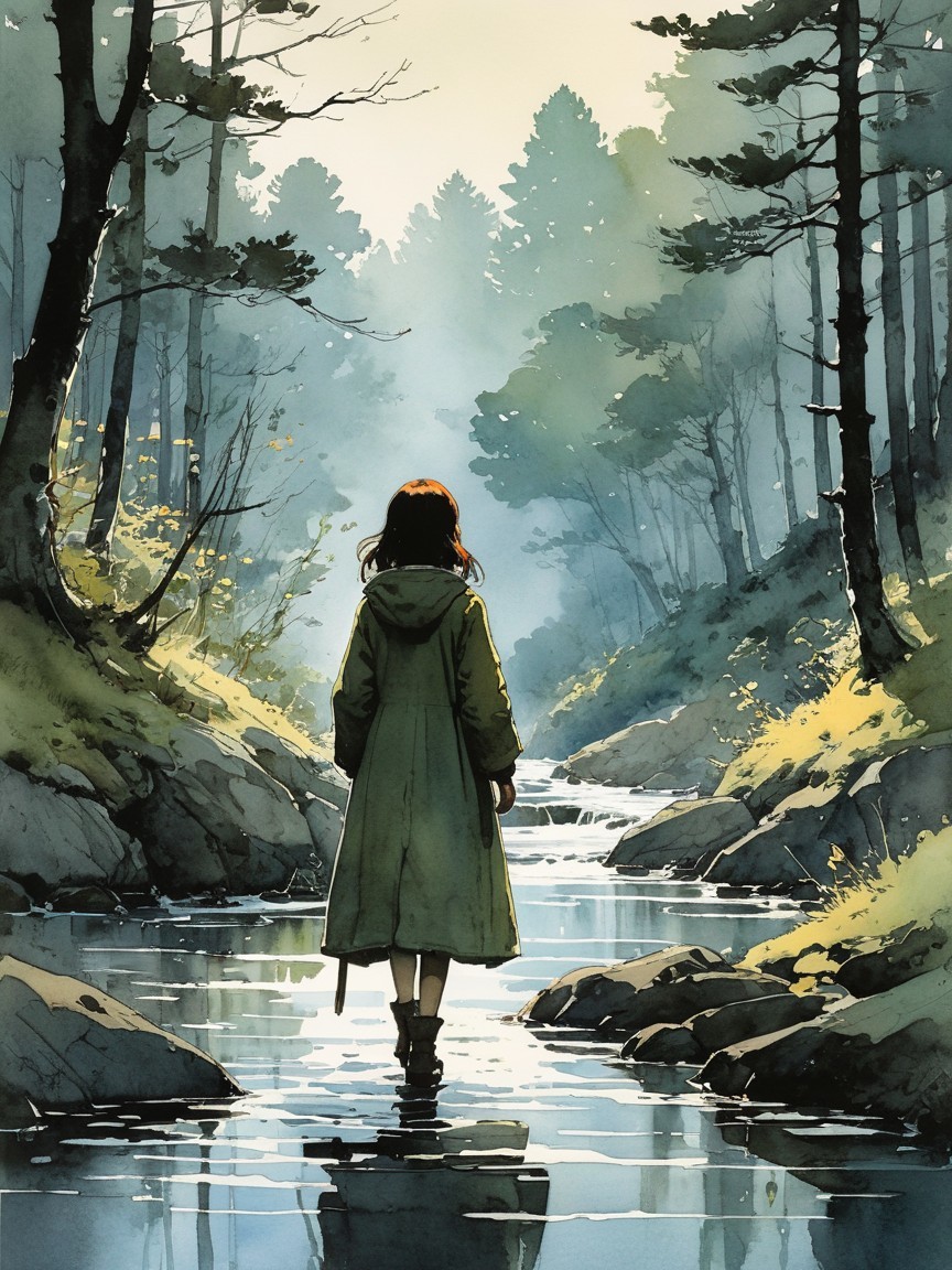 Young figure in green coat by tranquil forest water