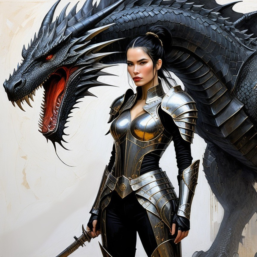 Fierce Woman in Armor with Colossal Black Dragon