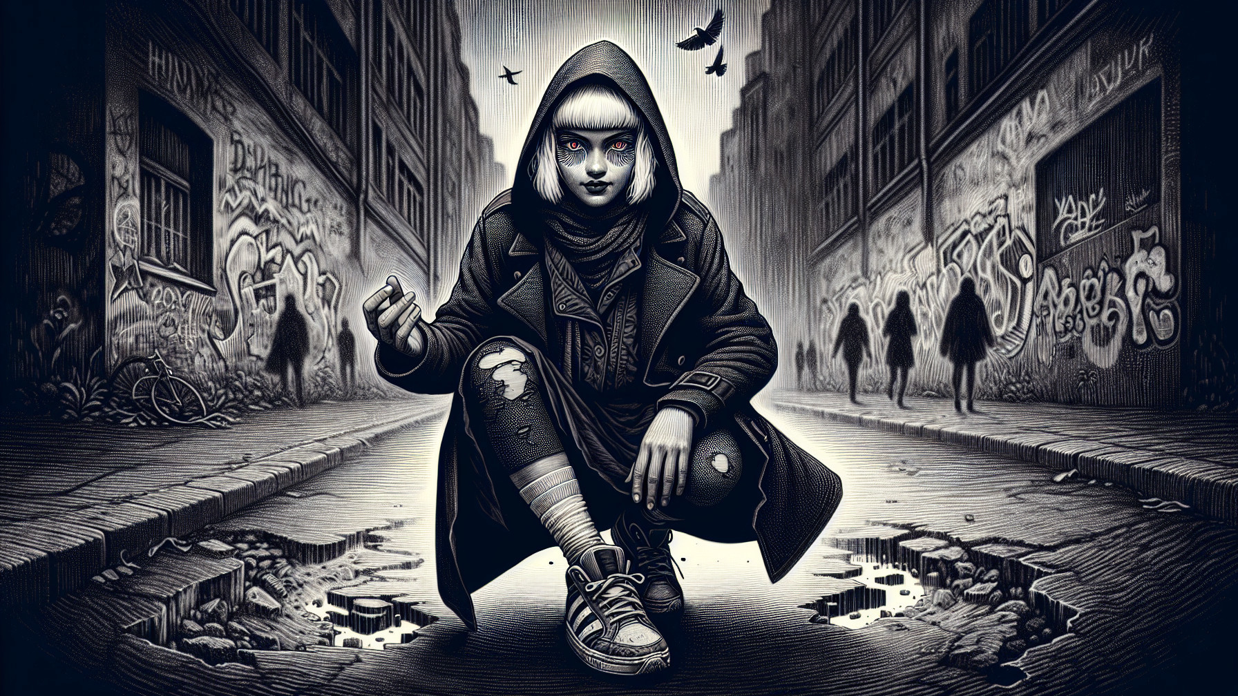 Black and White Illustration of Crouching Hooded Figure