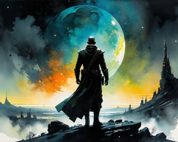 Lone Figure on Rocky Outcrop Under Cosmic Moonlight