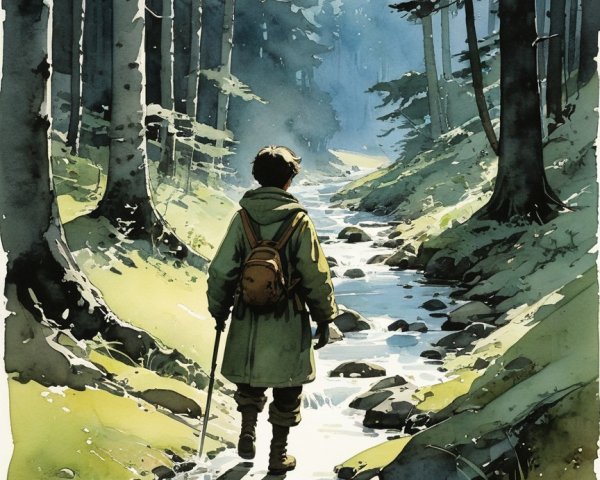 Solitary Figure by Serene Stream in Lush Forest