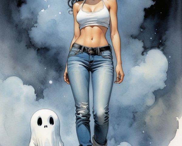Stylish Woman and Playful Ghost in Casual Setting