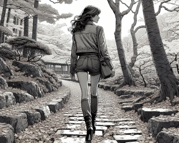 Woman in denim jacket on serene tree-lined pathway