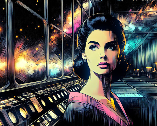 Retrofuturistic Sci-Fi Scene with Enchanting Woman