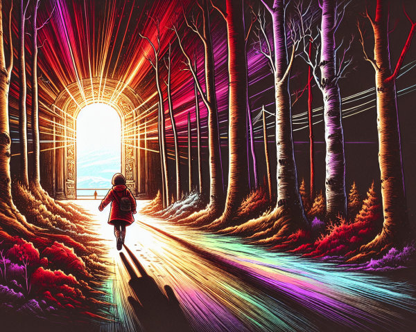 Child Walking on Colorful Path in Stylized Forest