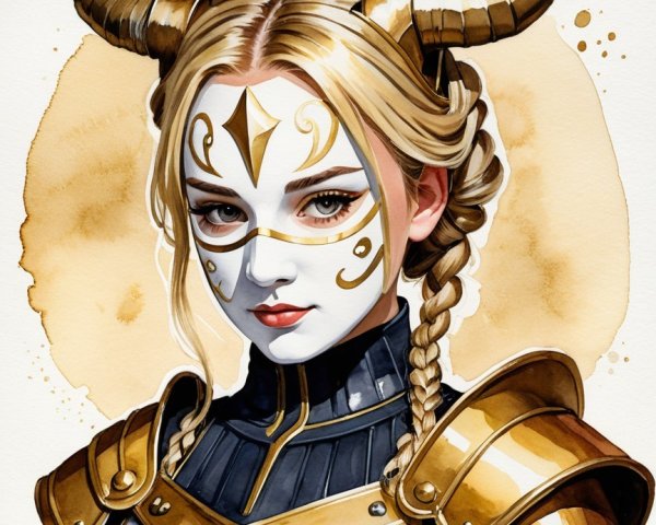 Female warrior in ornate golden armor with horns