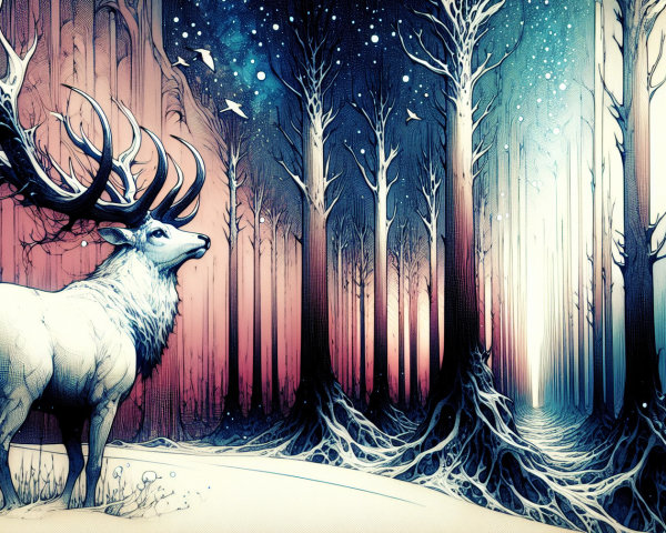 Drawing of a White Deer in a Snowy Forest Scene