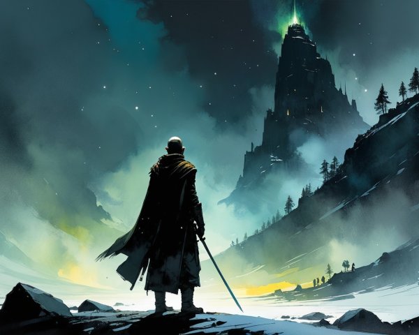 Silhouetted Figure Before Mystical Castle in Mist