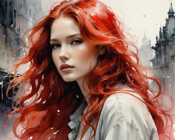 Portrait of a Young Woman with Red Wavy Hair