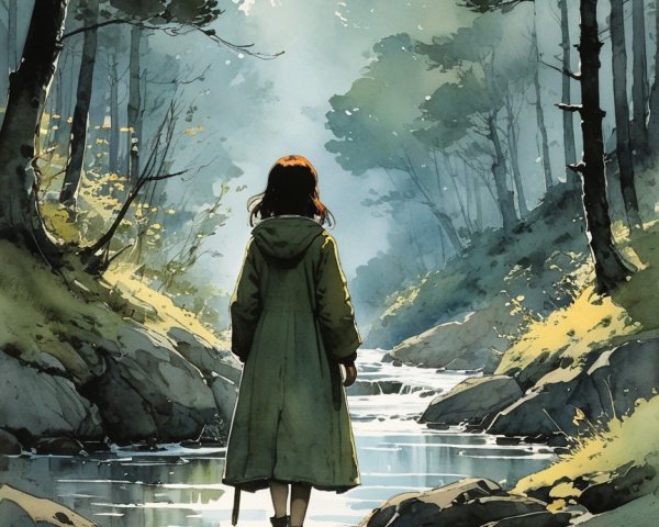 Young figure in green coat by tranquil forest water