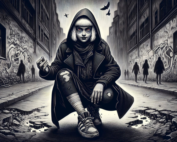 Black and White Illustration of Crouching Hooded Figure