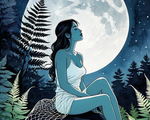 Woman in serene moonlit scene with lush ferns
