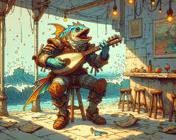 Whimsical Fish Creature in Tavern Playing Lute