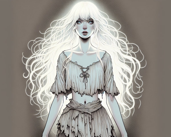 Mystical figure with white hair and ethereal dress