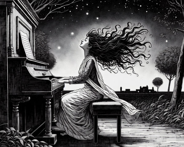 Woman playing grand piano under starry night sky