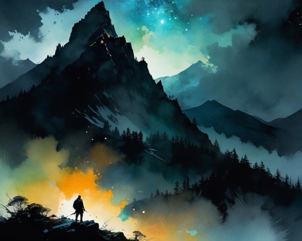 Mountain Landscape with Mist and Starry Sky