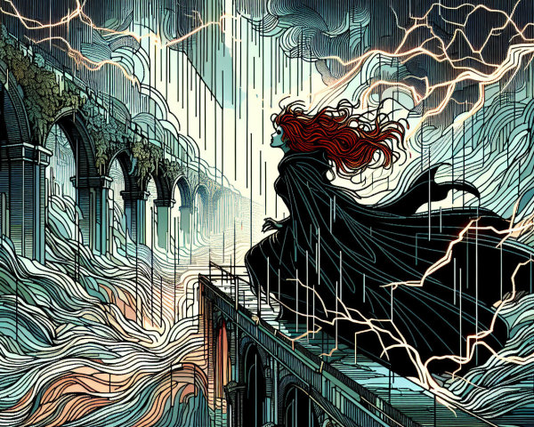 Figure with Red Hair on Bridge under Stormy Sky