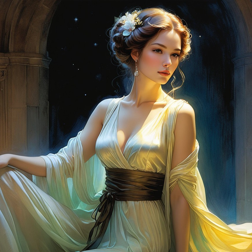 Ethereal Woman in Flowing Gown Against Starry Backdrop