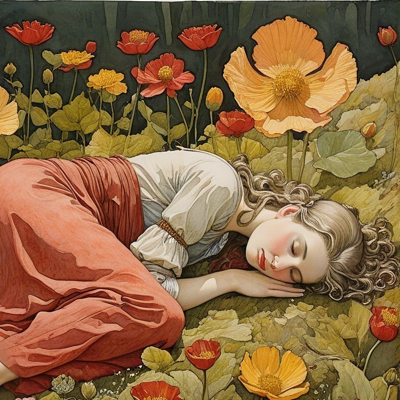 Young Woman Sleeping in a Flower-Filled Meadow