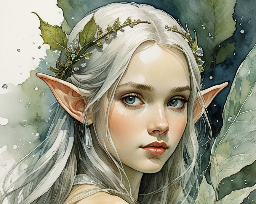 Elf-like girl with silvery hair and lace dress