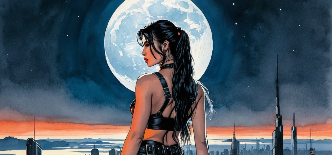 Stylish Figure Against Dramatic Night Sky and Cityscape