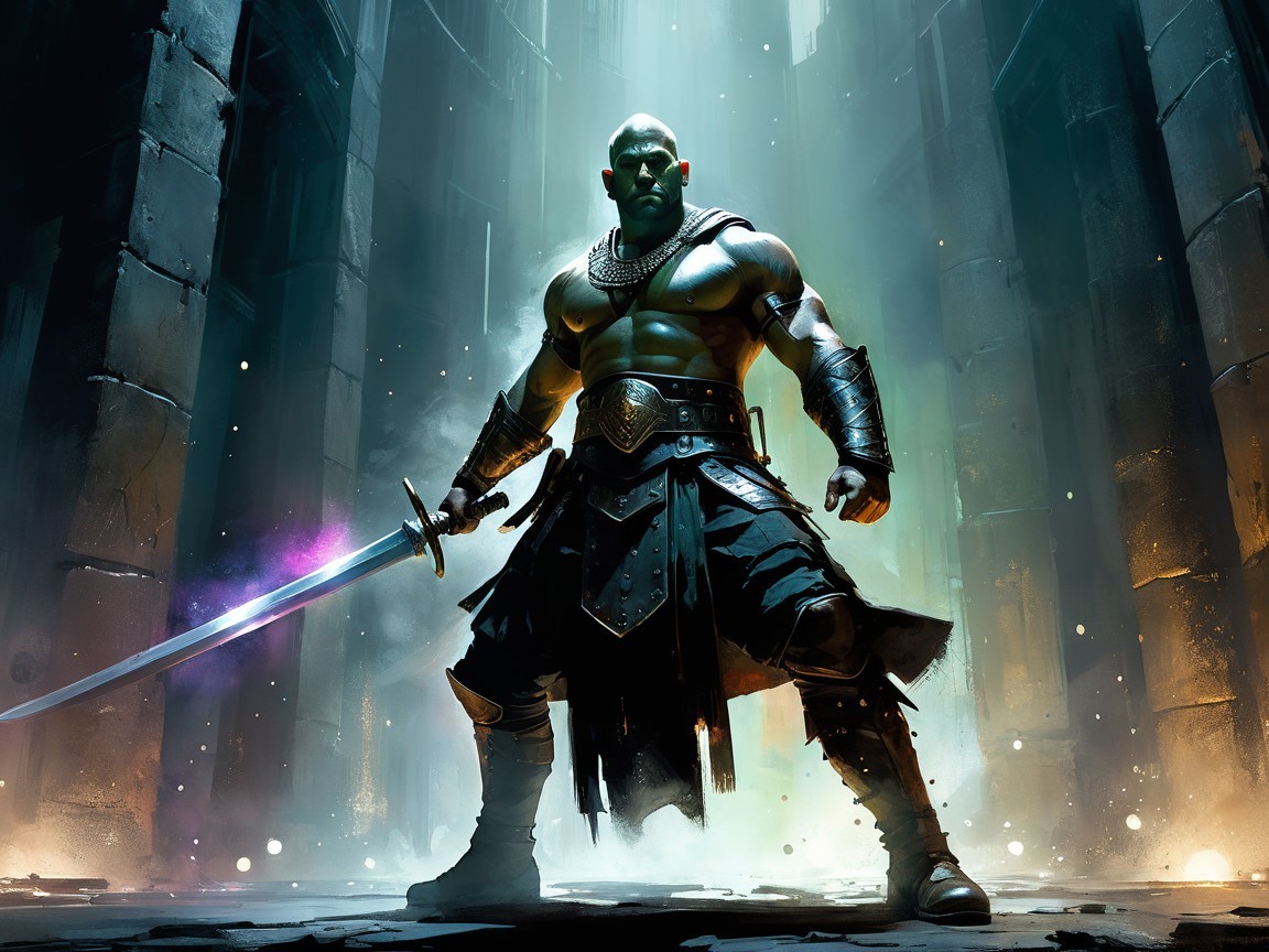 Warrior in Ancient Stone Structure with Sword