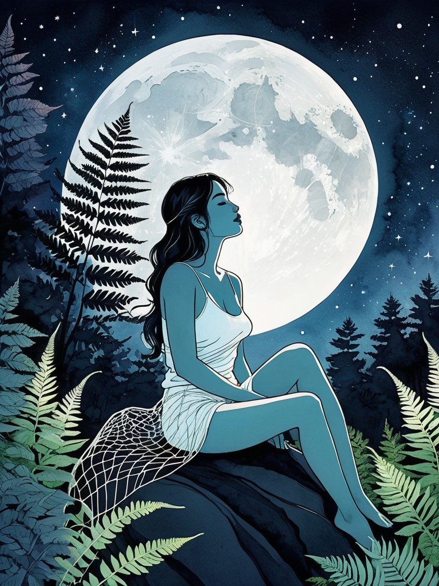 Woman in serene moonlit scene with lush ferns