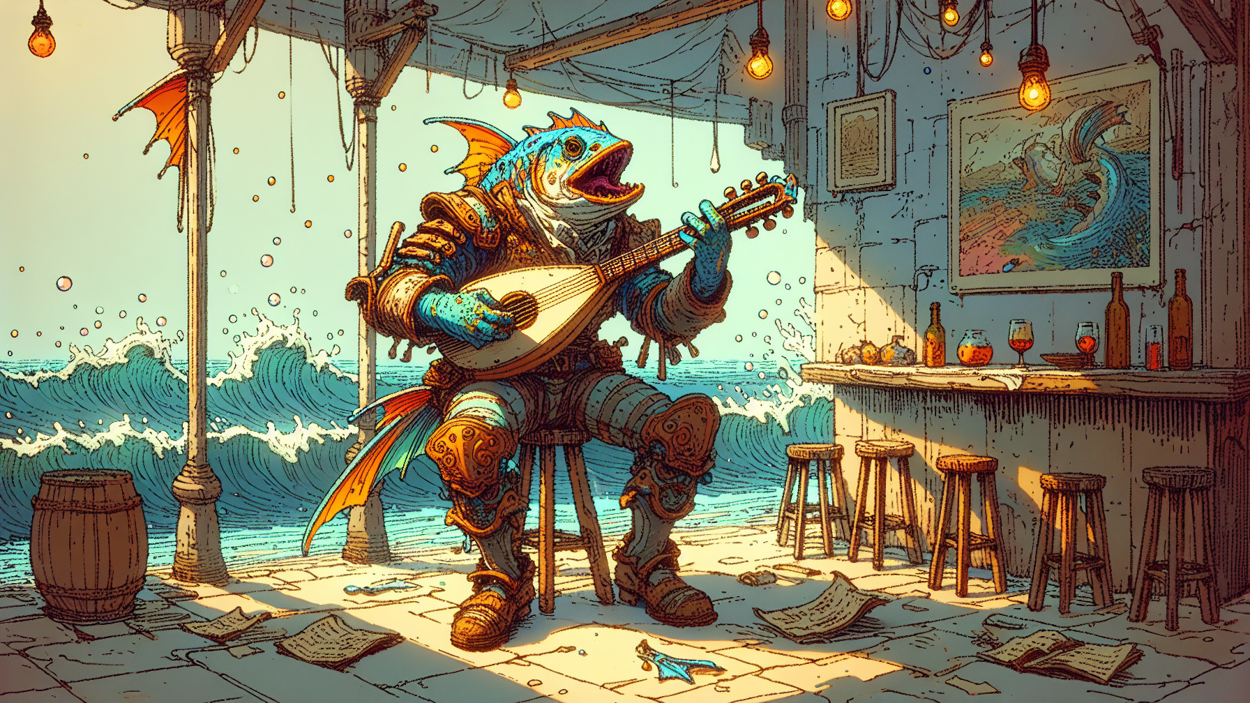 Whimsical Fish Creature in Tavern Playing Lute