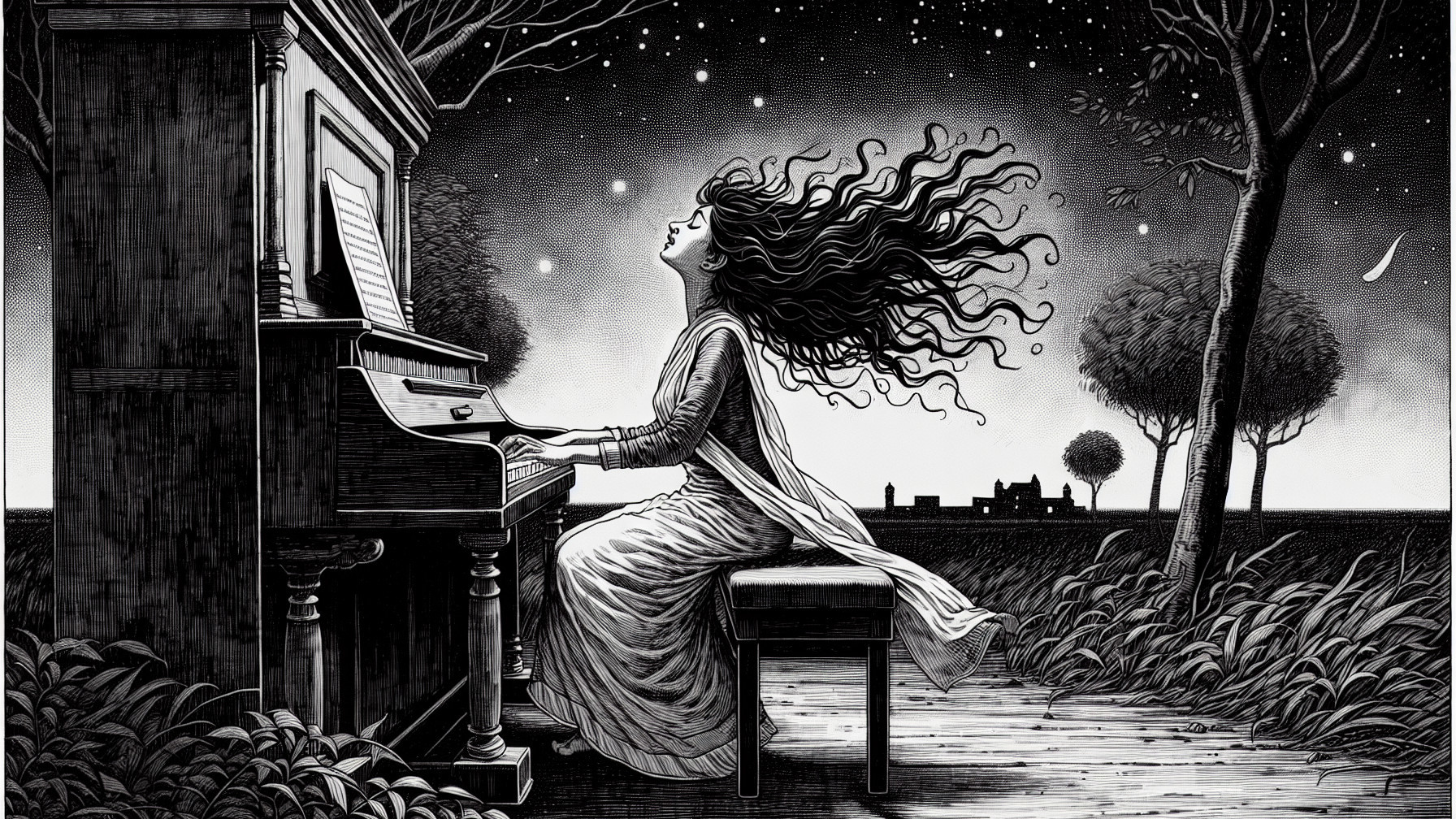 Woman playing grand piano under starry night sky