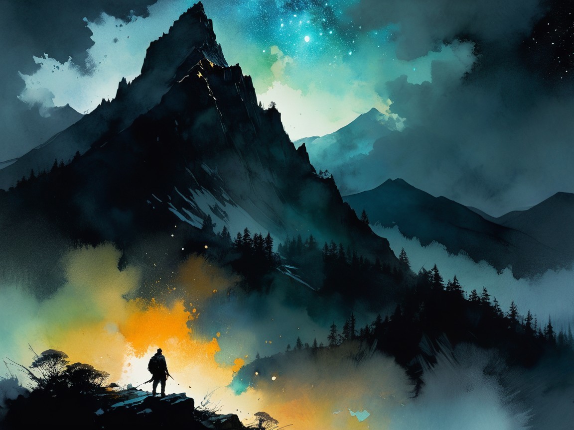 Mountain Landscape with Mist and Starry Sky